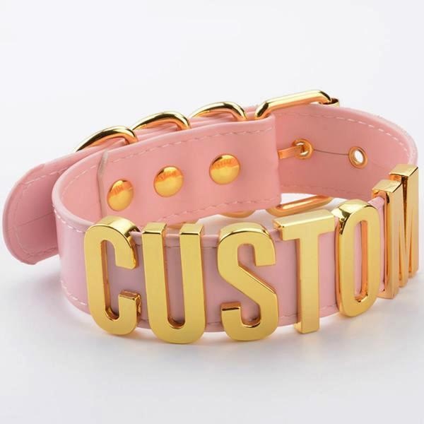 custom leather choker pink gold cat collar chocker necklace colar ddlg